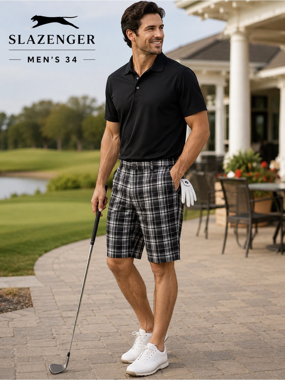 Slazenger Golf Shorts Mens 34 Black White Plaid Stretch Flat Front